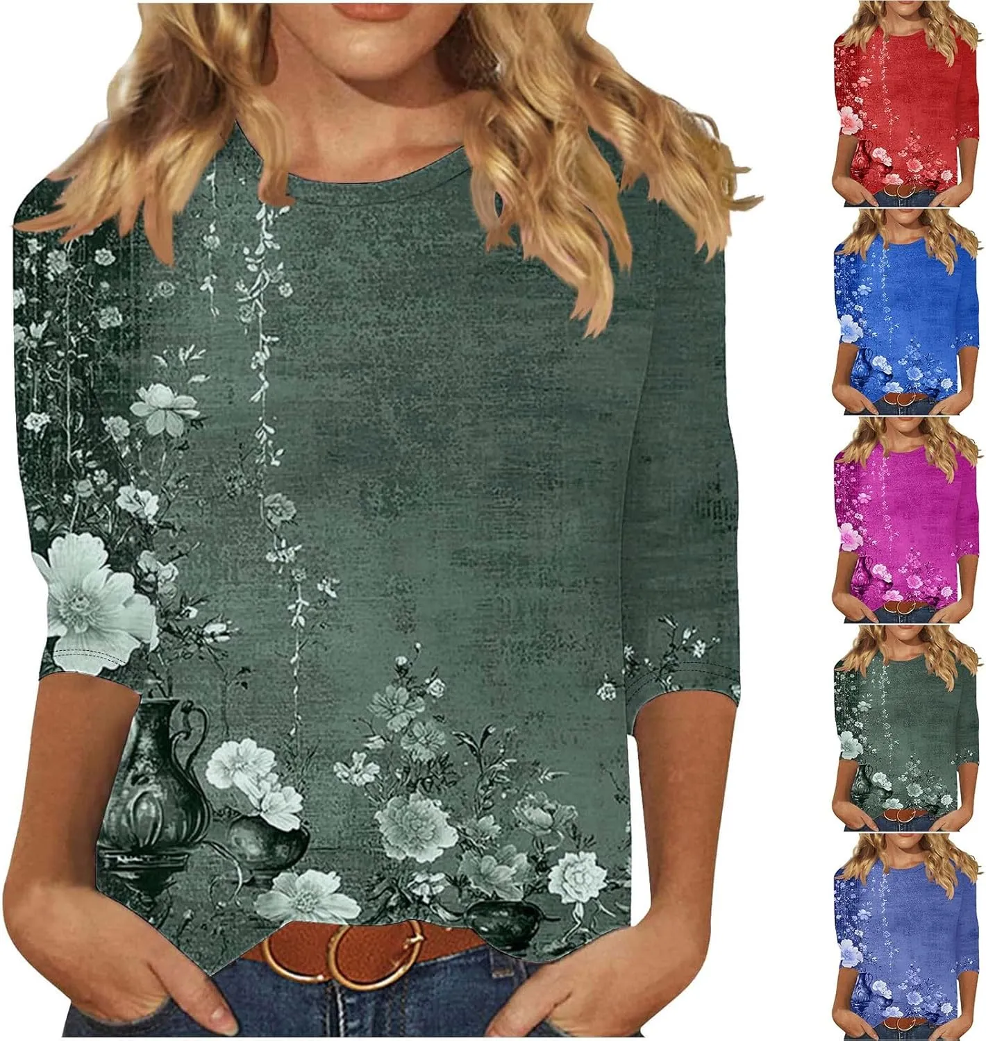 Womens 3/4 Length Sleeve Tops Vintage Elegant Crewneck Floral Printed Summer Tops Lightweight Cozy Loose Fit Blouse