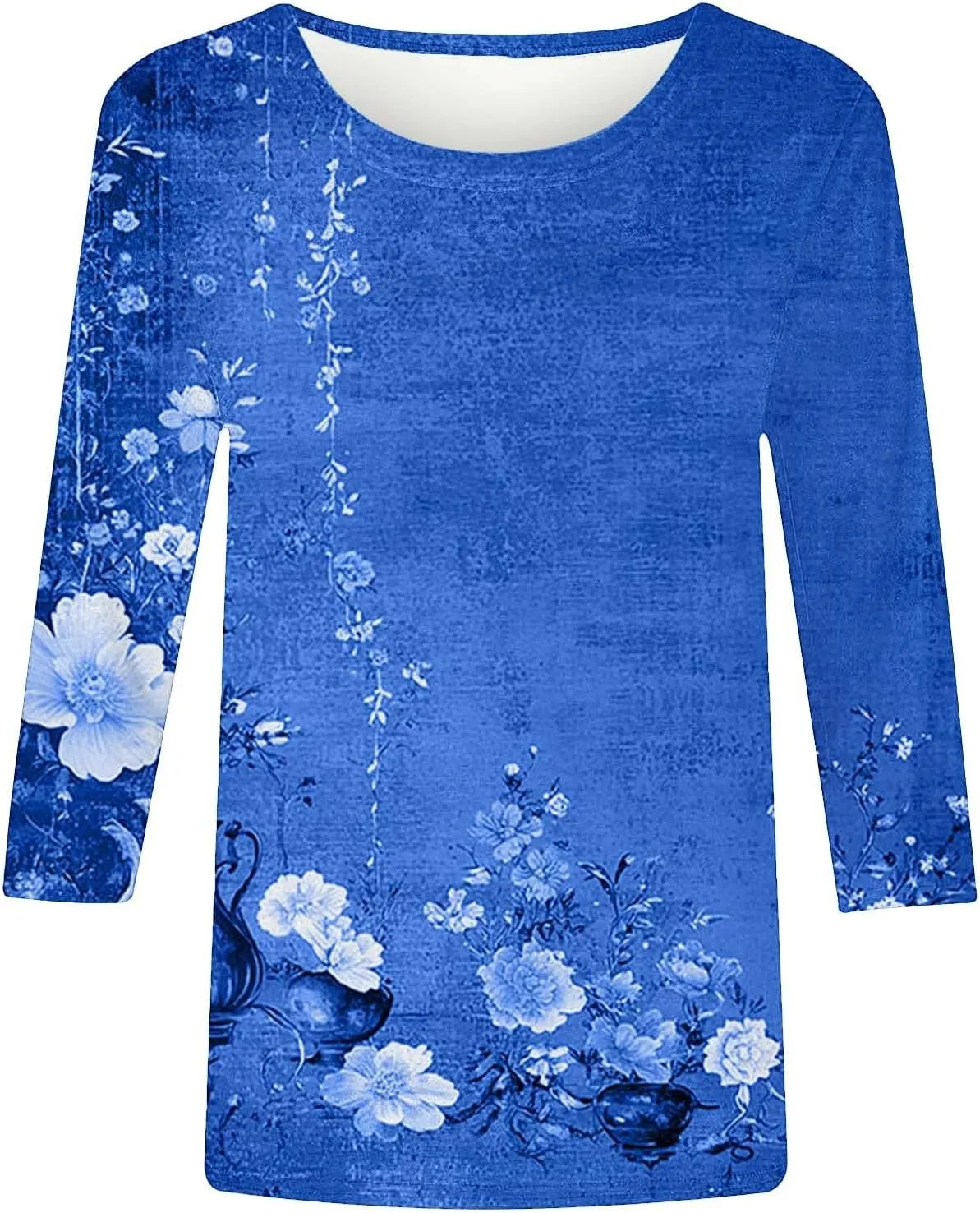 Womens 3/4 Length Sleeve Tops Vintage Elegant Crewneck Floral Printed Summer Tops Lightweight Cozy Loose Fit Blouse
