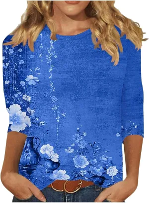 Womens 3/4 Length Sleeve Tops Vintage Elegant Crewneck Floral Printed Summer Tops Lightweight Cozy Loose Fit Blouse