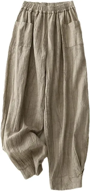Women's Cotton Linen High Waist Harem Pants Elastic Waist Loose Fit Retro Pleated Full Length Trousers