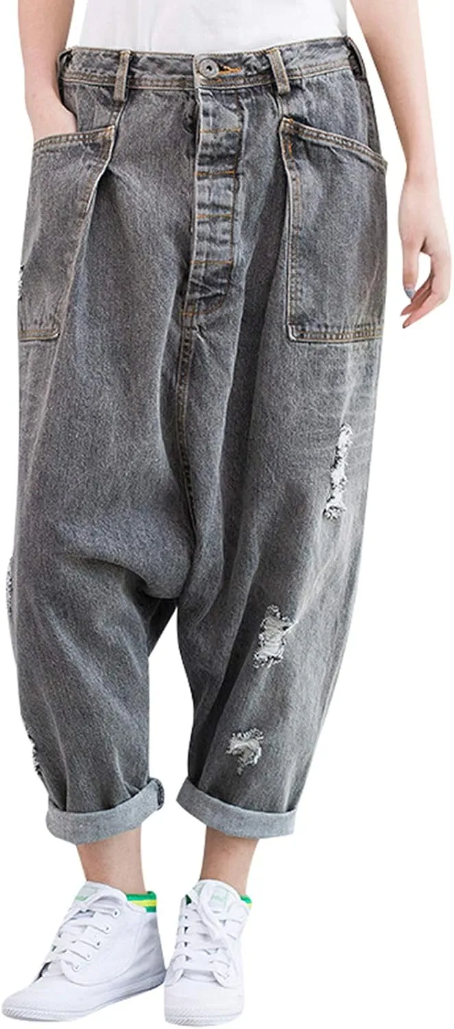 Women's Elastic Waist Denim Trousers Cotton Jeans Big Crotch Harem Pants
