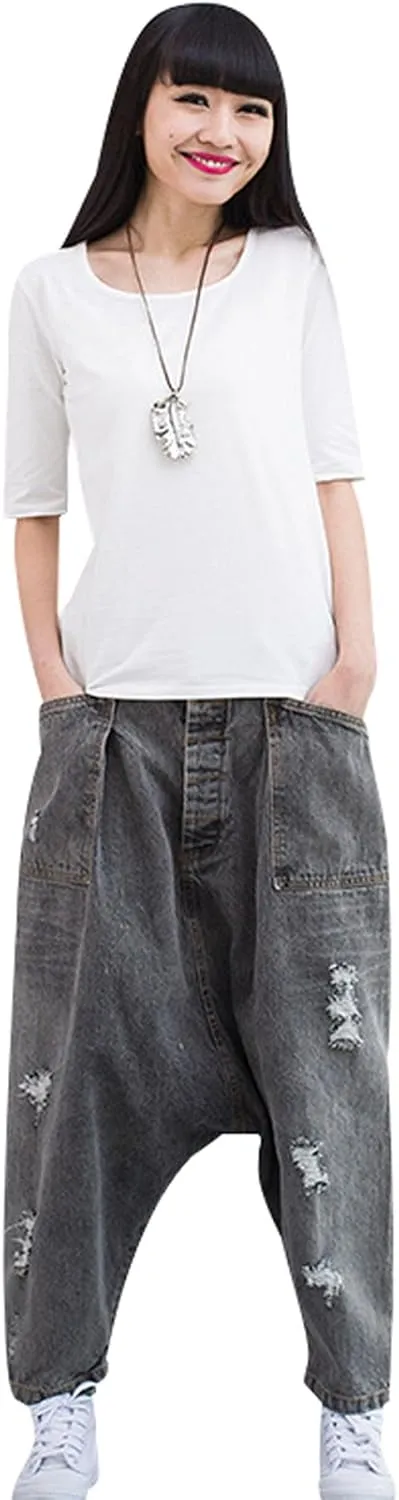 Women's Elastic Waist Denim Trousers Cotton Jeans Big Crotch Harem Pants