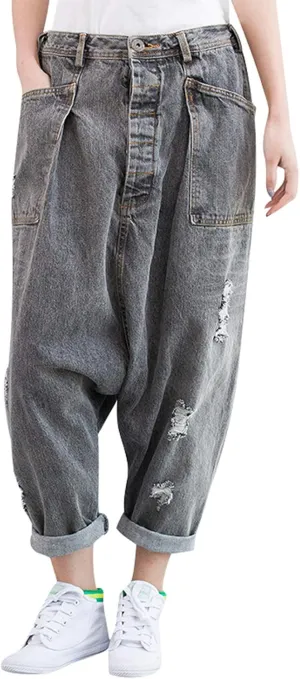 Women's Elastic Waist Denim Trousers Cotton Jeans Big Crotch Harem Pants