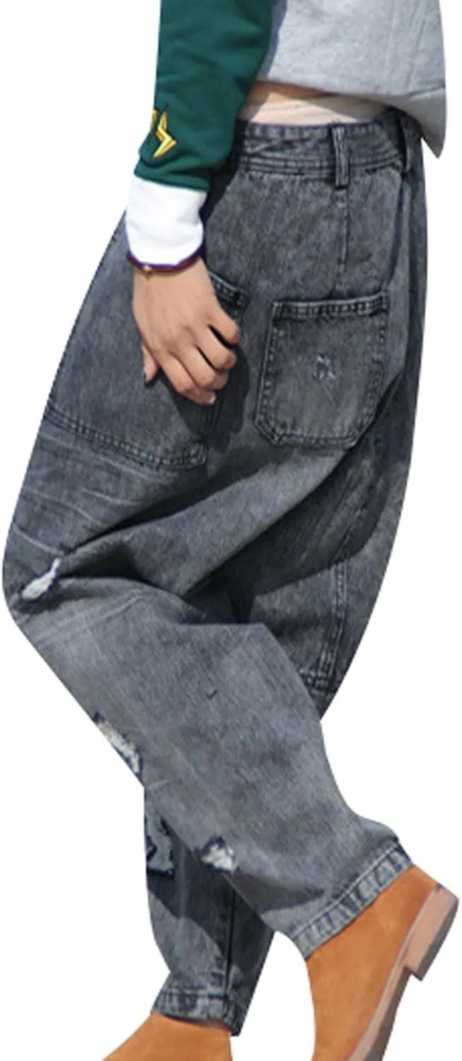 Women's Elastic Waist Denim Trousers Cotton Jeans Big Crotch Harem Pants
