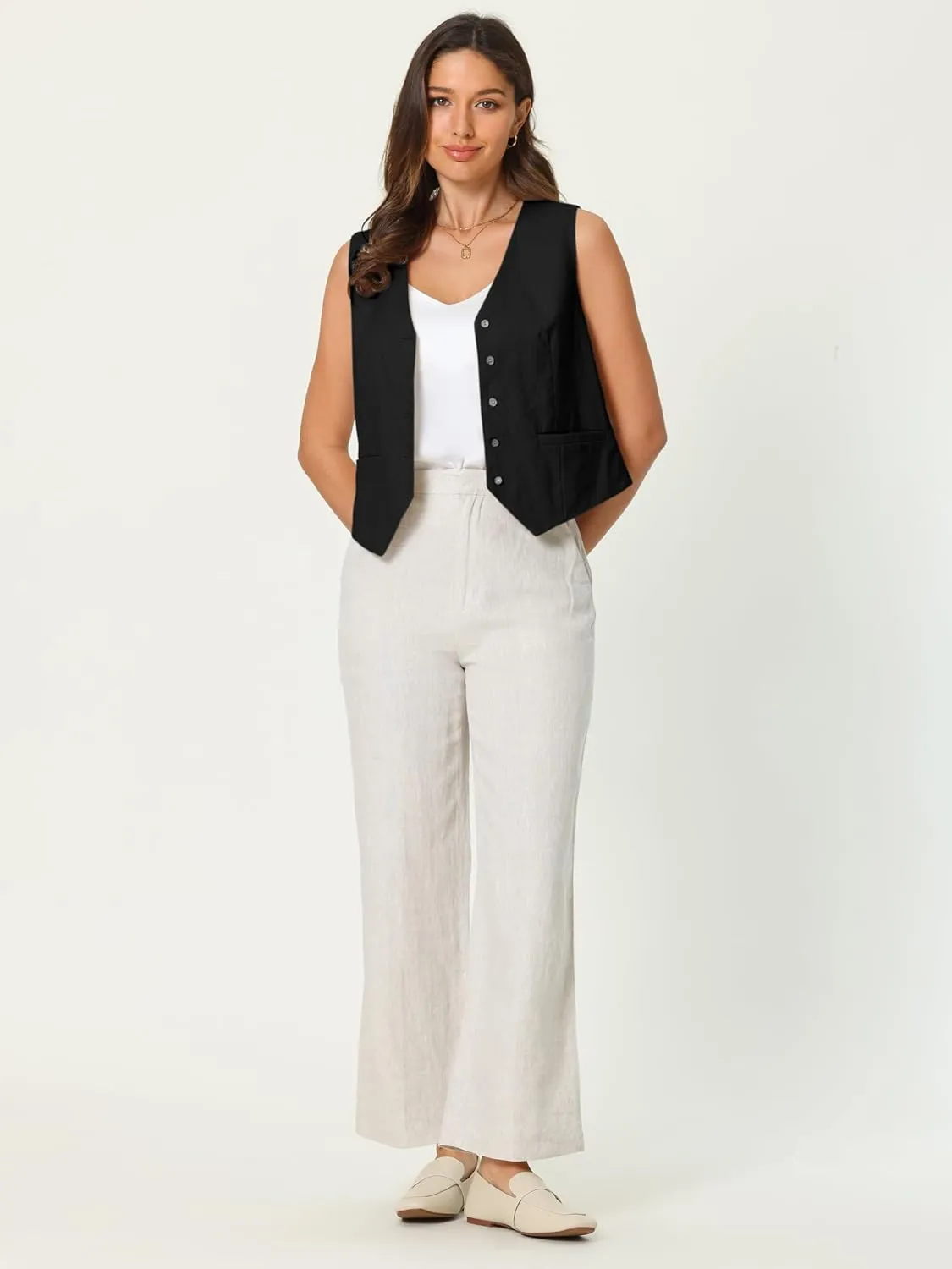 Women's Linen Vest Sleeveless Button Down V Neck Formal Business Waistcoat