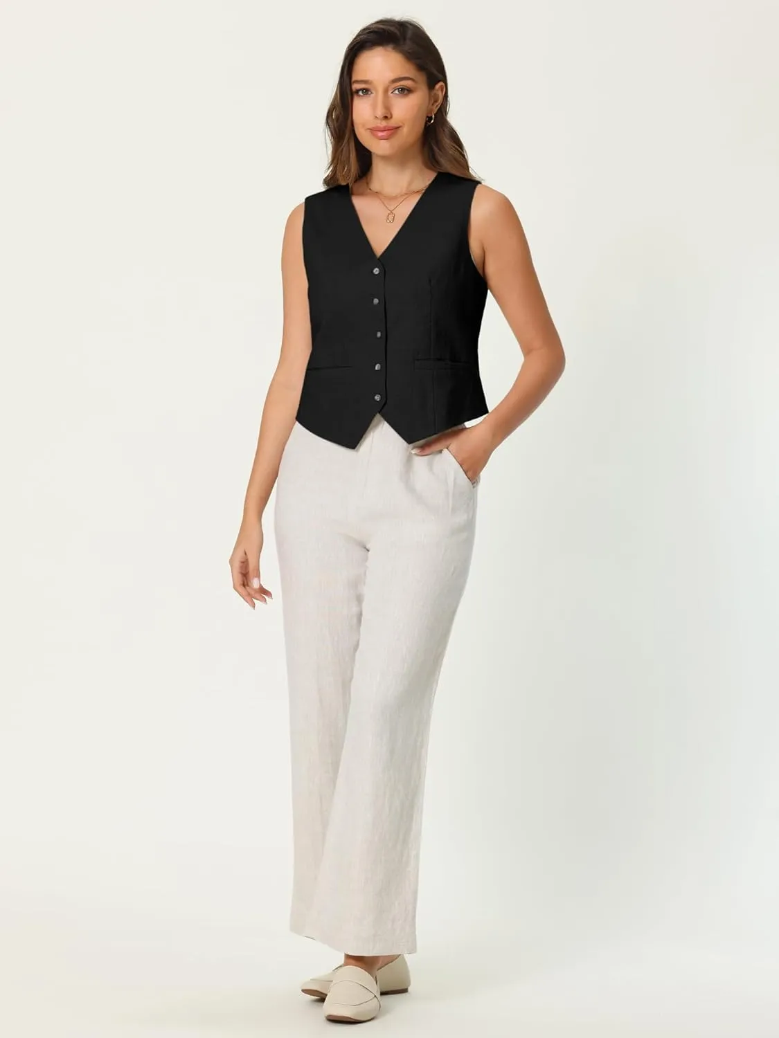 Women's Linen Vest Sleeveless Button Down V Neck Formal Business Waistcoat