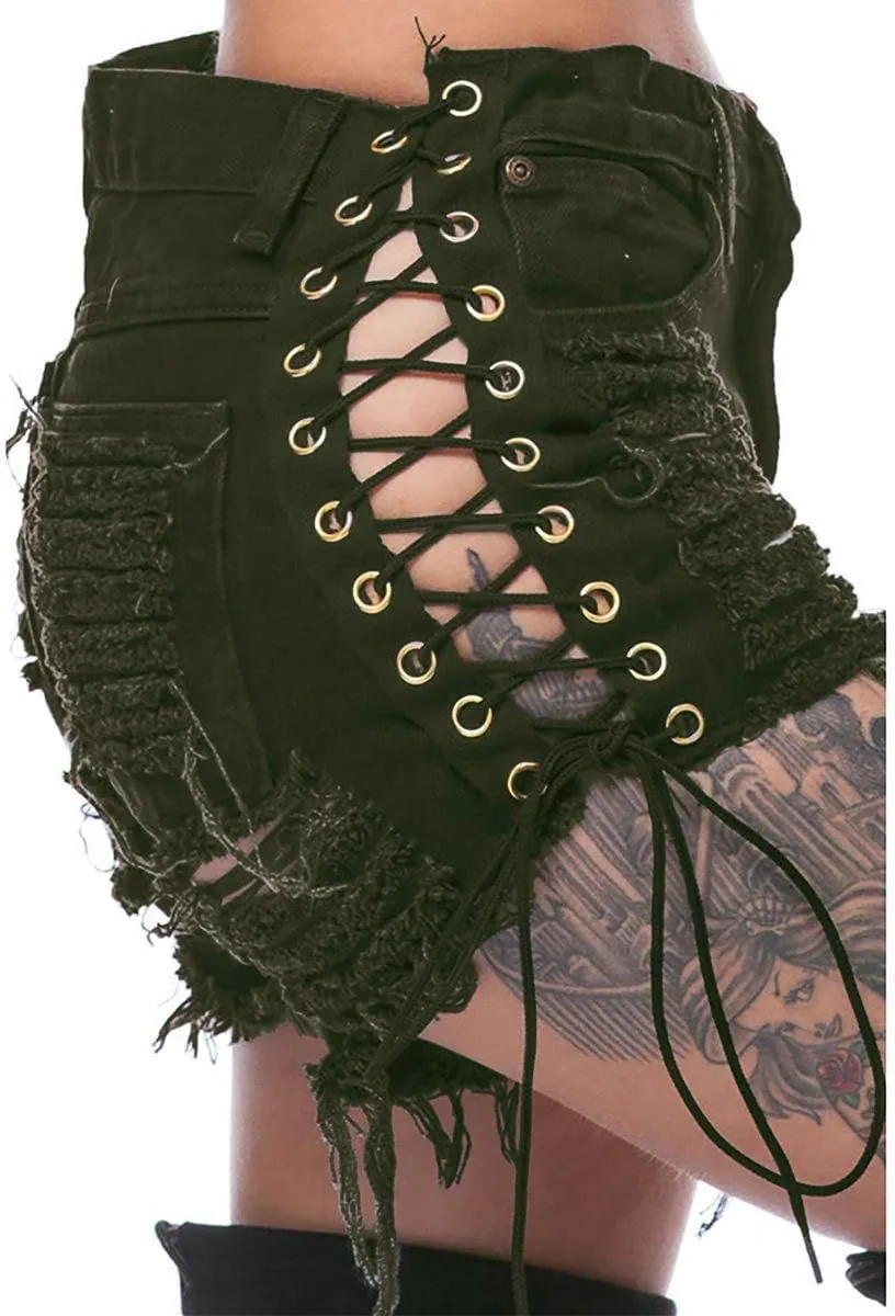 Women's Ripped Hole Denim Shorts Side Straps Sexy Mini Hot Pants