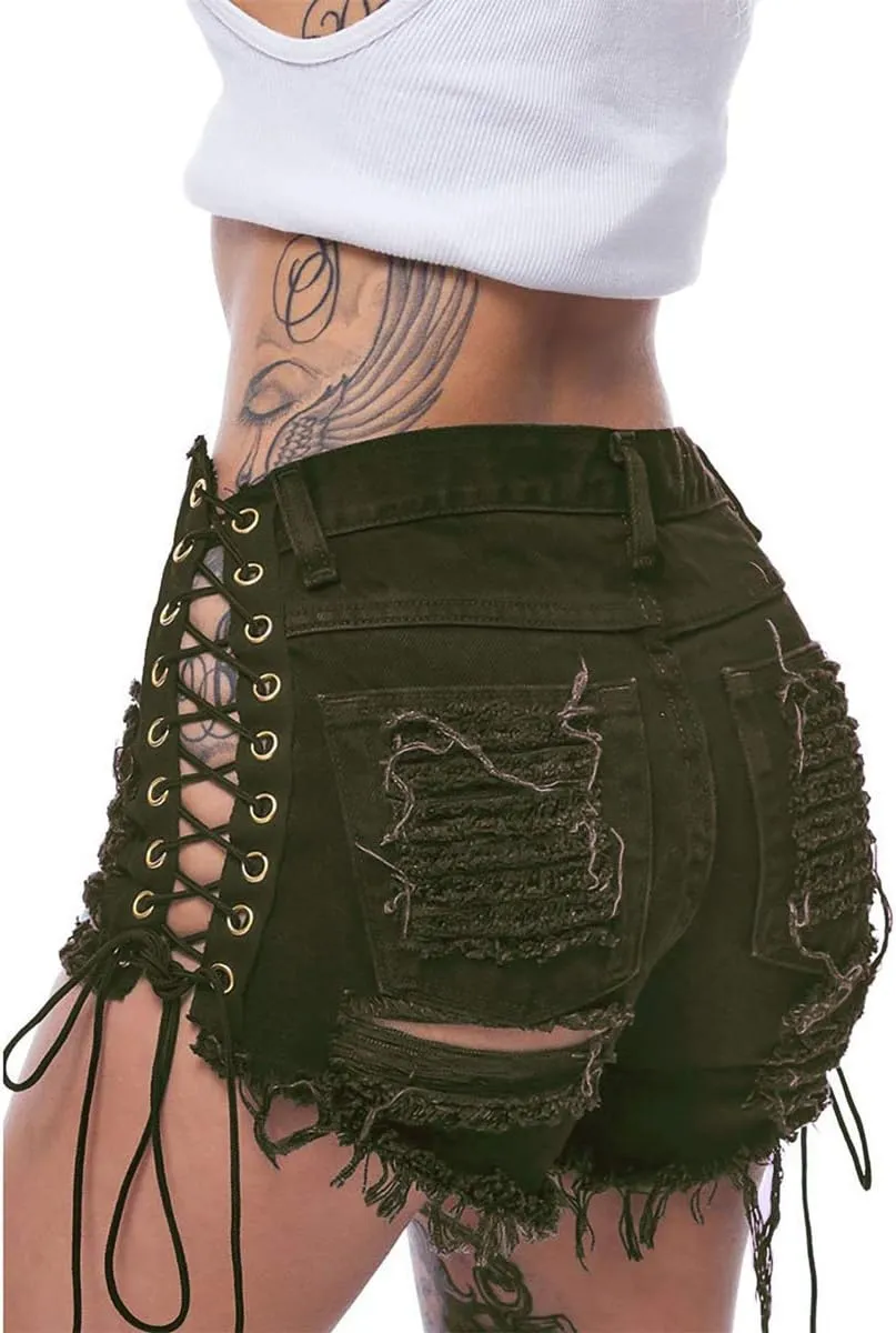 Women's Ripped Hole Denim Shorts Side Straps Sexy Mini Hot Pants