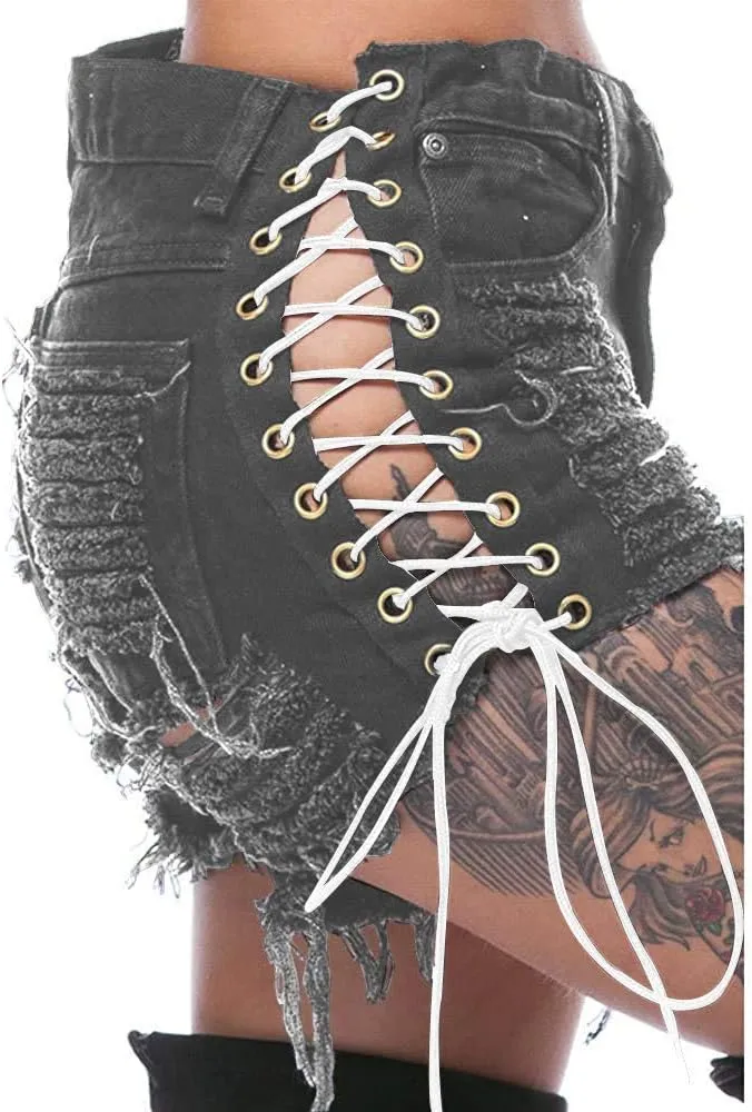 Women's Ripped Hole Denim Shorts Side Straps Sexy Mini Hot Pants