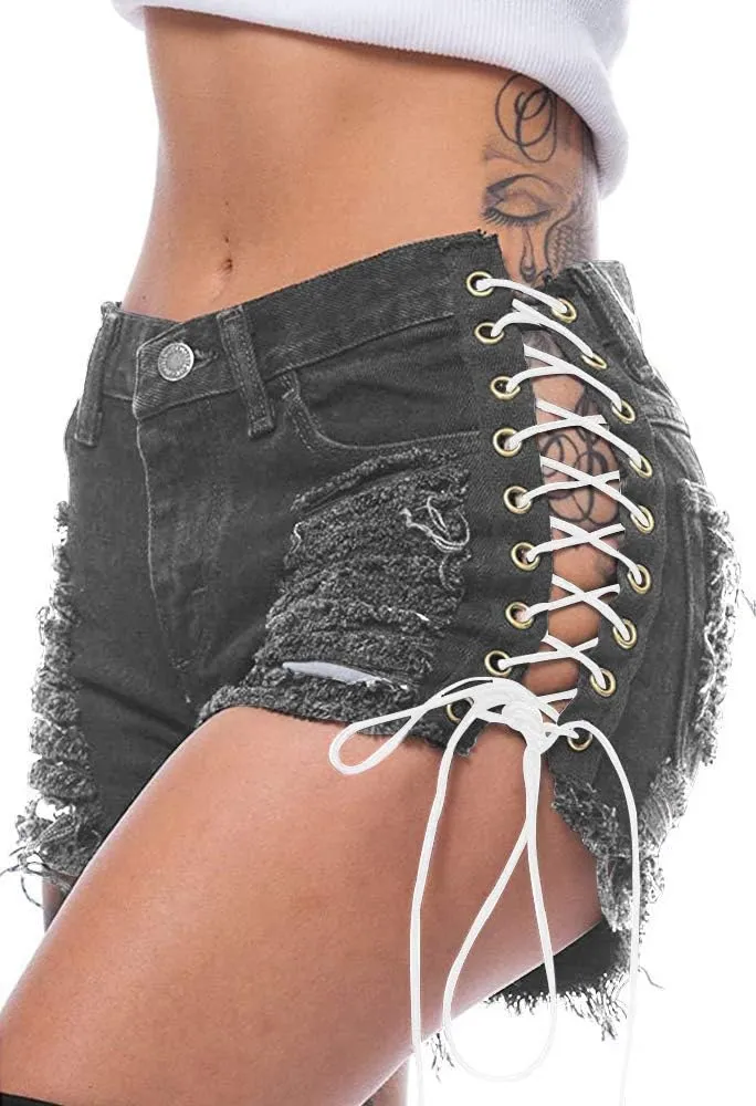 Women's Ripped Hole Denim Shorts Side Straps Sexy Mini Hot Pants
