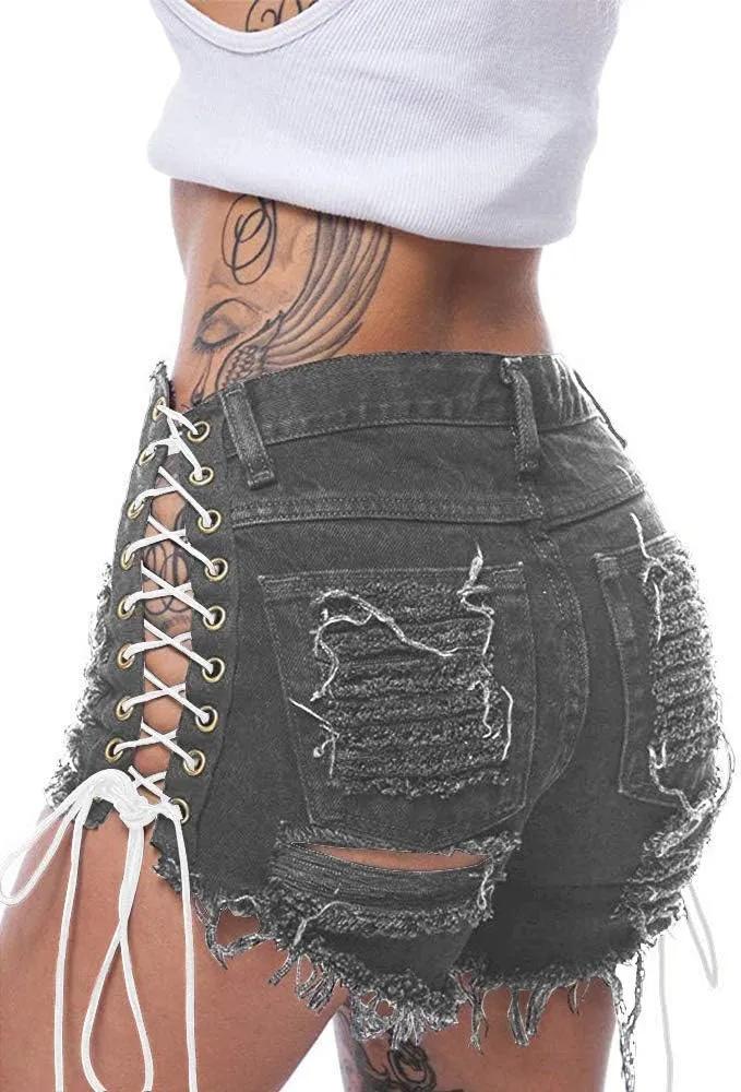 Women's Ripped Hole Denim Shorts Side Straps Sexy Mini Hot Pants