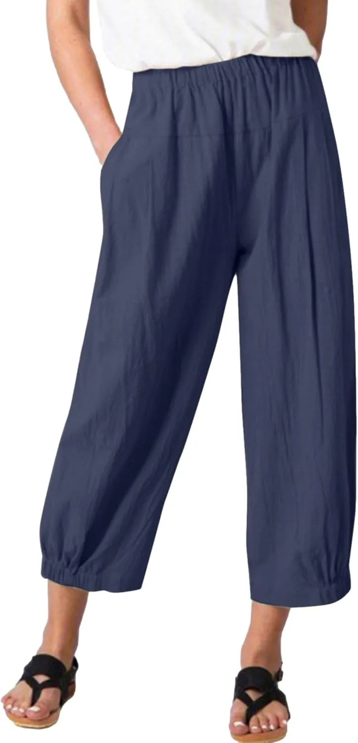 Women's Summer Linen Pants High Waisted Drawstring Printed Bohemian Capris Trousers