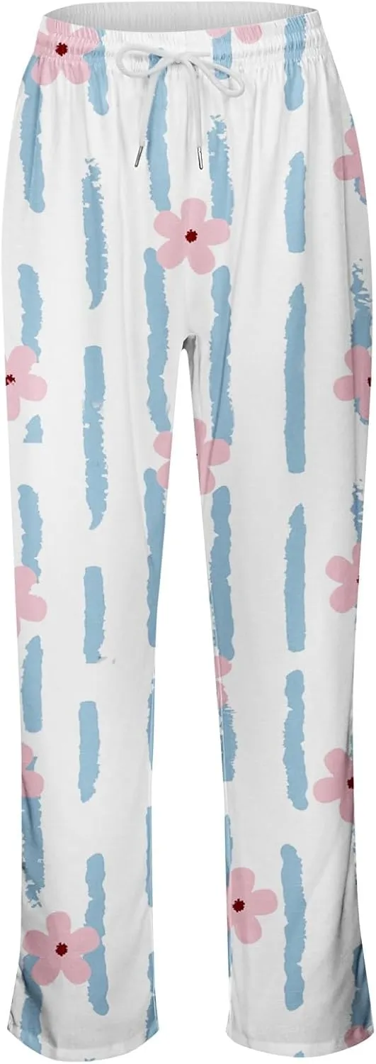 Women's Vintage Floral Print Straight Wide Leg Drawstring High Waist Pants Casual Comfort Loose Fit Trendy Trousers