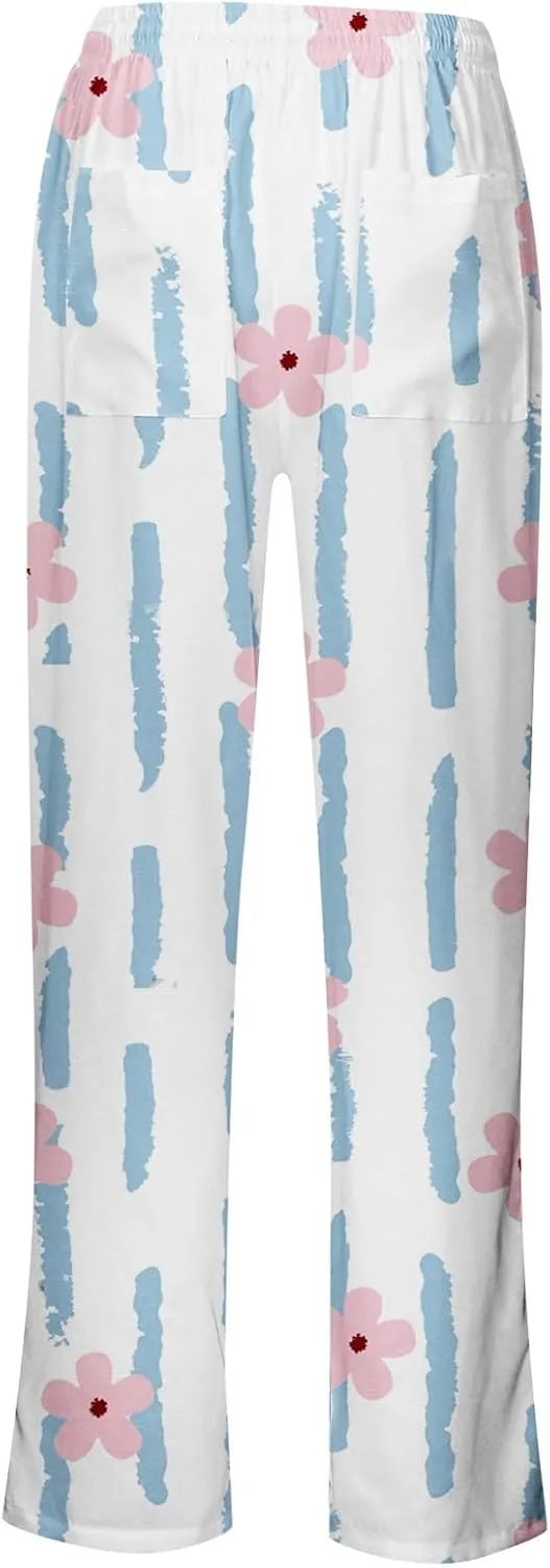 Women's Vintage Floral Print Straight Wide Leg Drawstring High Waist Pants Casual Comfort Loose Fit Trendy Trousers