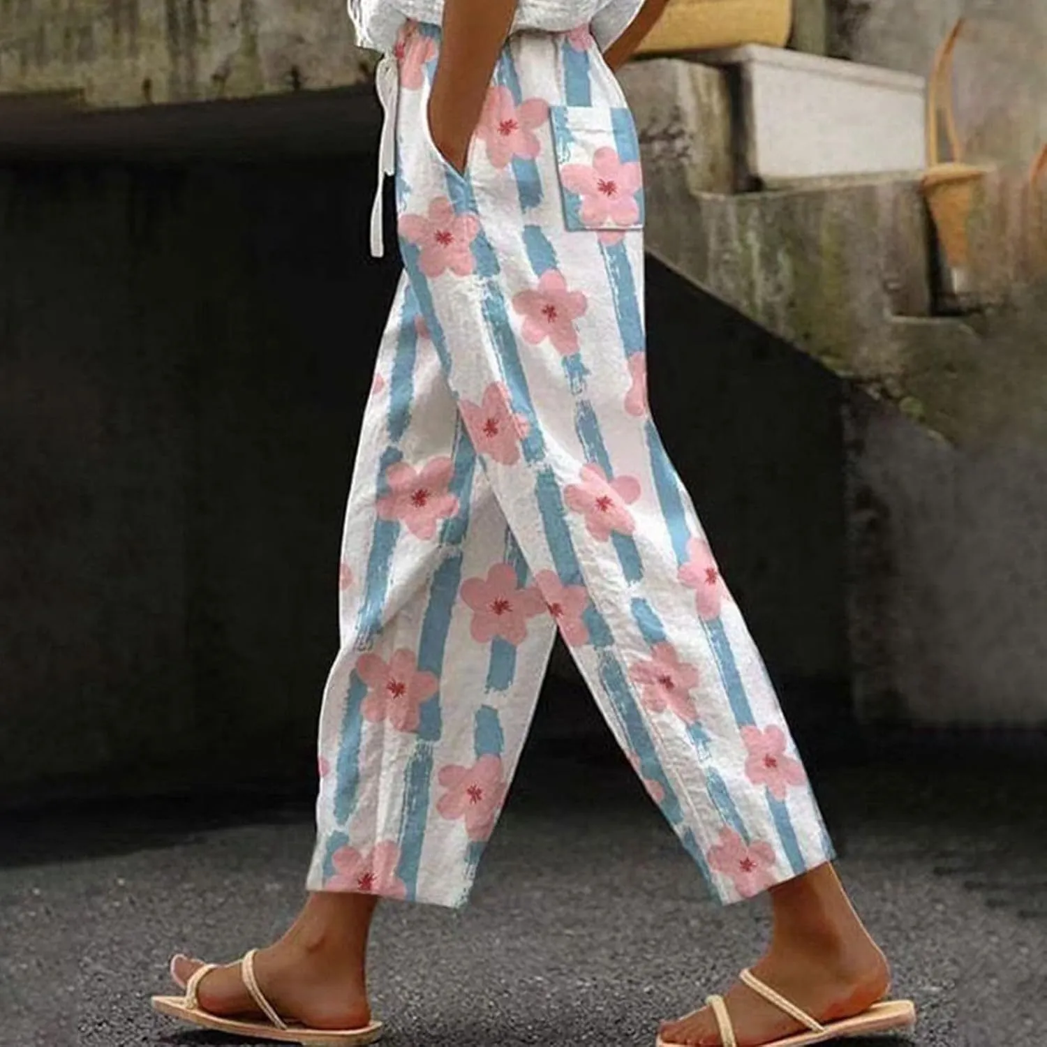 Women's Vintage Floral Print Straight Wide Leg Drawstring High Waist Pants Casual Comfort Loose Fit Trendy Trousers