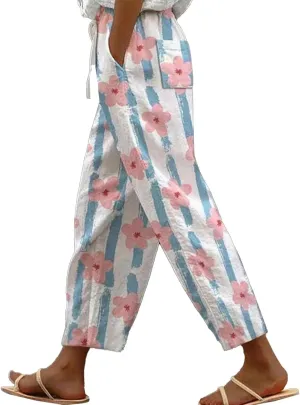 Women's Vintage Floral Print Straight Wide Leg Drawstring High Waist Pants Casual Comfort Loose Fit Trendy Trousers